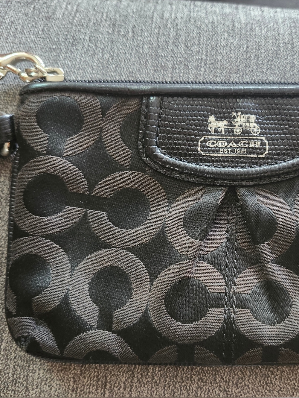 COACH Black Signature 'C' Wristlet with Silver Logo
